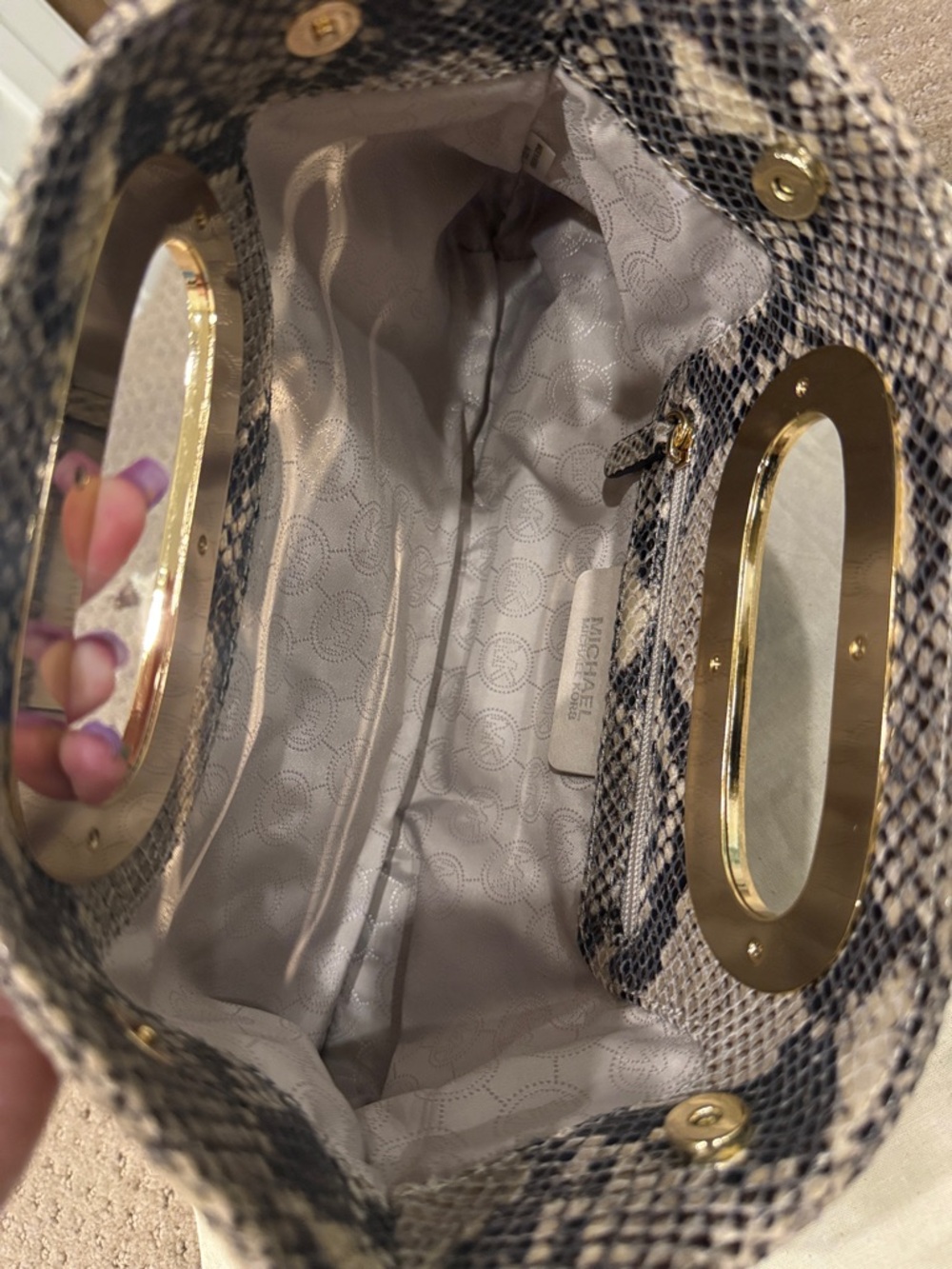 Michael Kors Beige and Black Snake-Print Clutch with Gold Hardware - Picture 9 of 10